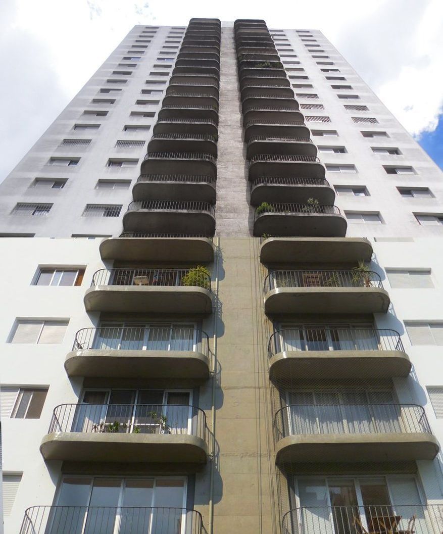 Antes e depois da restauração da fachada do Ed. Harmonia, na Vila Madalena