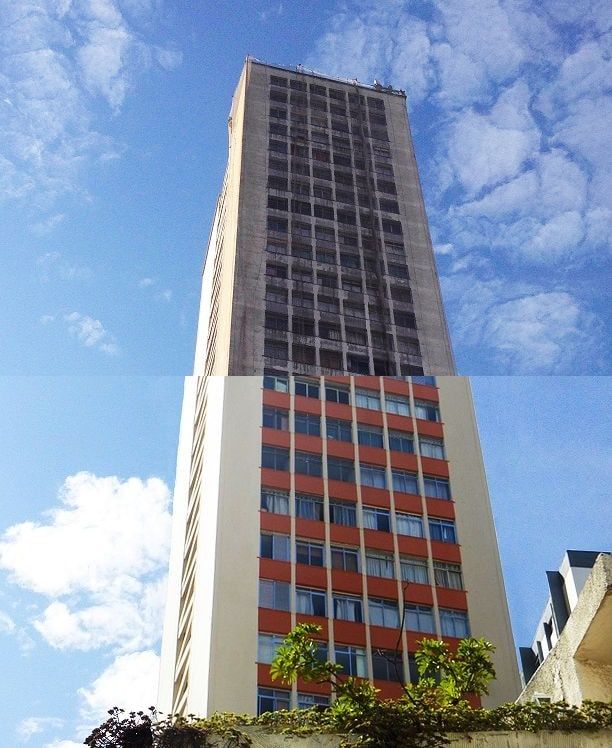 Antes e depois da restauração da fachada do Ed. Olímpia